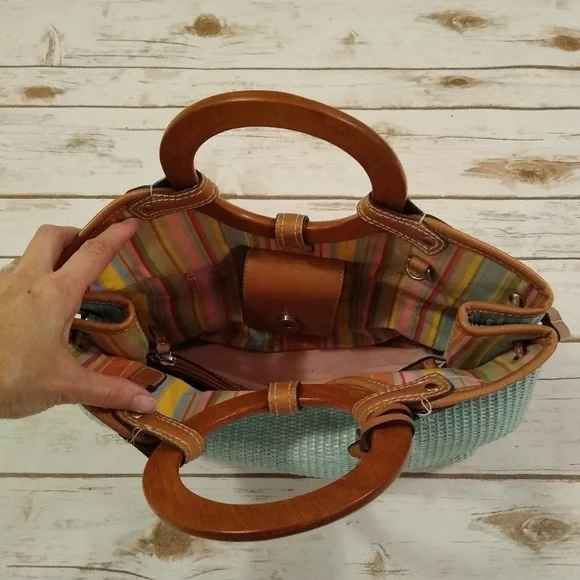 Fossil Woven Rattan Soft Seafoam Green Satchel Bag - Picture 11 of 16